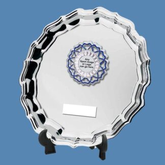 The Chippendale silver salver trophy with centre features space for your logo or image of choice and can be supplied with a satin-lined presentation box.