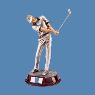 The Augusta golf resin male golf figure trophy is available in three sizes. It can be personalised with any wording on the engraving plate.