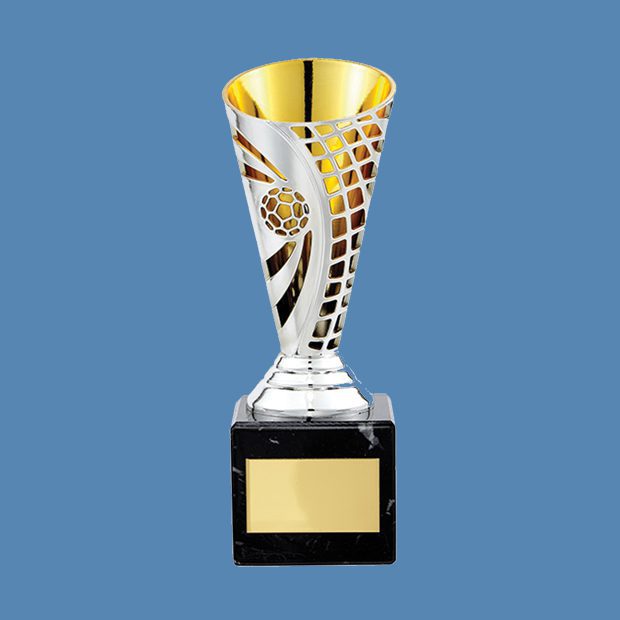 Football Trophies Silver/Blue Defender Cup Trophy 3 sizes FREE Engraving 